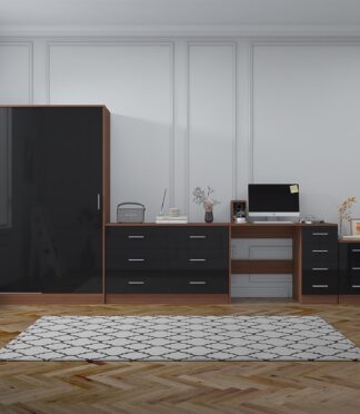 Reflect 2 Door Sliding Wardrobe, 6 Drawer Wide Chest, 3 Drawer Bedside, 4 Drawer Desk - Black Gloss & Walnut - Modern Bedroom Furniture Set.