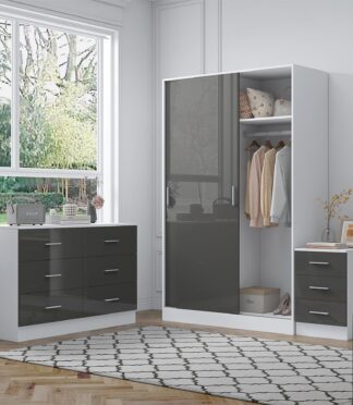 Reflect 2 Door Sliding Wardrobe, 6 Drawer Wide Chest, 3 Drawer Bedside - Grey Gloss & Matt White - Modern Bedroom Furniture Set