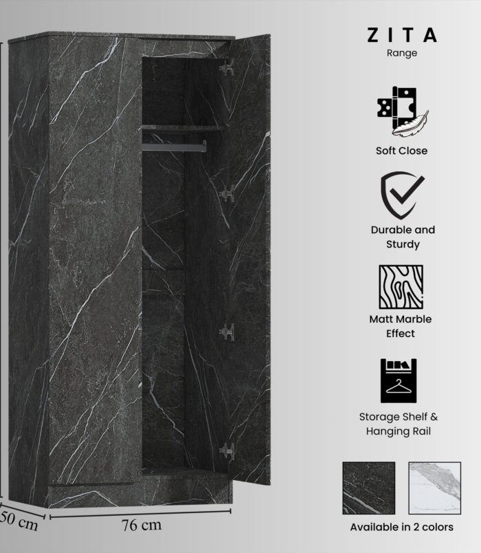 ZITA Grey Marble Effect 2 Piece Wardrobe Bundle - 2 x 2-Door Wardrobes, (L) 50cm x (W) 76cm x (H) 180cm.