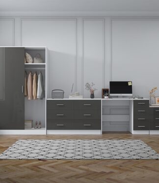 Reflect 2 Door Sliding Wardrobe, 6 Drawer Wide Chest, 3 Drawer Bedside, 4 Drawer Desk - Grey Gloss & Matt White - Modern Bedroom Furniture Set.