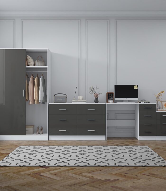 REFLECT Gloss 4pc Set - 2 Door Sliding Wardrobe + Wide Chest + Bedside + Desk.