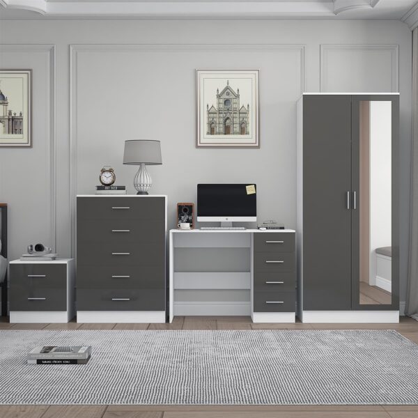 Reflect 2 Door Mirror Wardrobe, 5 Drawer Chest, 2 Drawer Bedside & Desk - Grey Gloss & Matt White - Modern Bedroom Furniture Set - Image 3