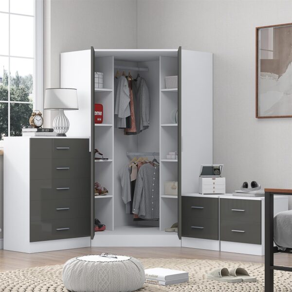 Reflect 2 Door Corner Wardrobe, 5 Drawer Chest, 2x 2 Drawer Bedsides - Grey Gloss & Matt White - Bedroom Furniture Set - Image 2