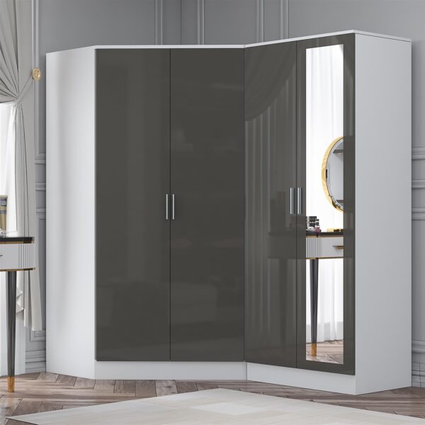 Reflect 2pc Wardrobe Bundle - 2 Door Corner + 2 Door Mirror - Grey Gloss & Matt White - H: 180cm x W: 179cm x D: 103cm - Image 2