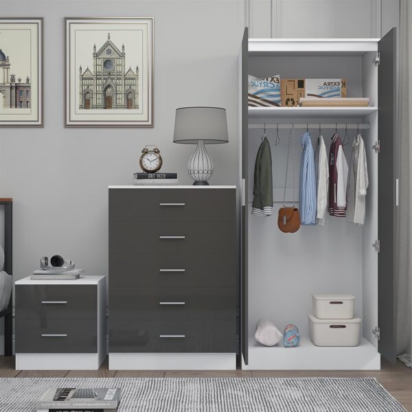 Reflect 2 Door Mirror Wardrobe, 5 Drawer Chest, 2 Drawer Bedside - Grey Gloss & Matt White - Modern Bedroom Furniture Set - Image 4