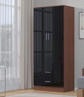 Reflect 2 Door 2 Drawer Combi Plain Wardrobe - Black Gloss & Walnut - Hanging Rails, Drawers & Shelf - H: 180cm x W: 76cm