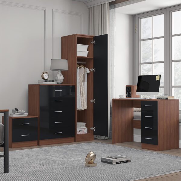 Reflect 1 Door Plain Wardrobe, 5 Drawer Chest, 2 Drawer Bedside & Desk - Black Gloss & Walnut - Bedroom Furniture Set - Image 2