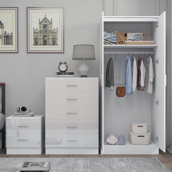 Reflect 2 Door Plain Wardrobe, 5 Drawer Chest, 2 Drawer Bedside - White Gloss & Matt White - Modern Bedroom Furniture Set - Image 2