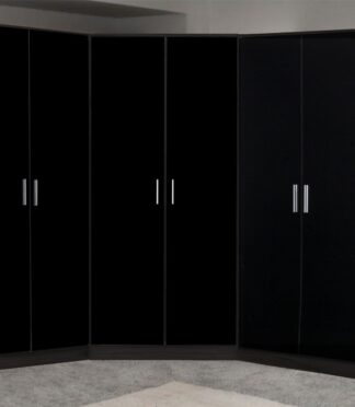 Reflect 3pc Wardrobe Bundle - 2 Door Corner + 2x 2 Door Plain - Black Gloss & Black Oak - H: 180cm x W: 179cm x D: 103cm