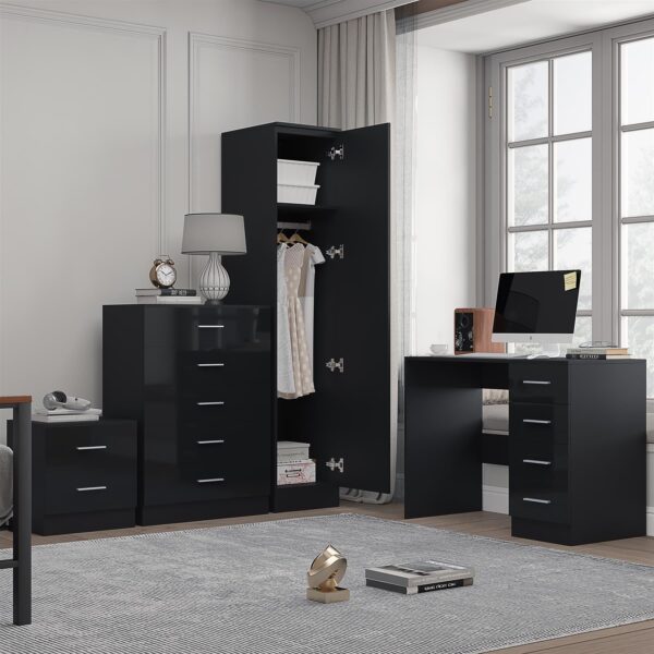 Reflect 1 Door Plain Wardrobe, 5 Drawer Chest, 2 Drawer Bedside & Desk - Black Gloss & Black Oak - Bedroom Furniture Set - Image 4
