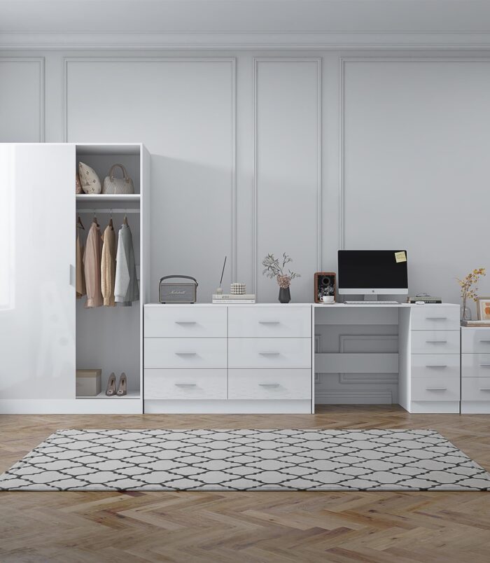 REFLECT Gloss 4pc Set - 2 Door Sliding Wardrobe + Wide Chest + Bedside + Desk.