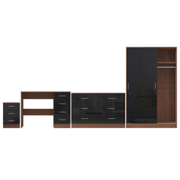 Reflect 2 Door Sliding Wardrobe, 6 Drawer Wide Chest, 3 Drawer Bedside, 4 Drawer Desk - Black Gloss & Walnut - Modern Bedroom Furniture Set.