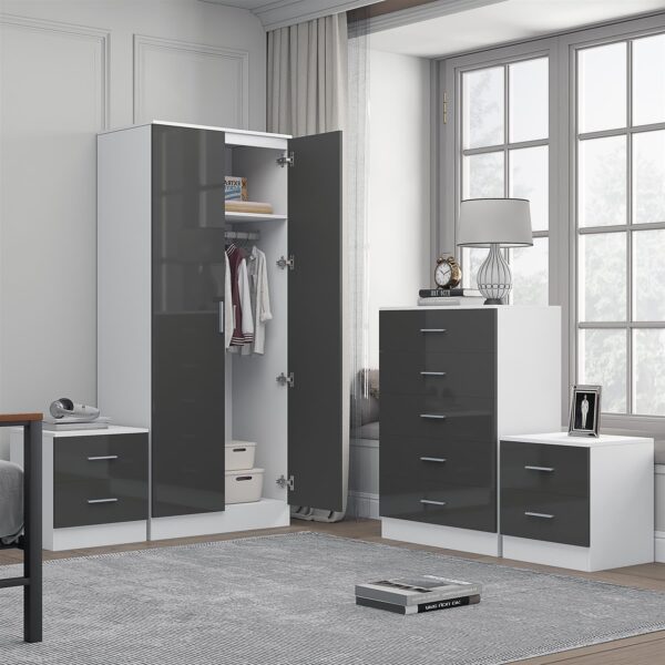 Reflect 2 Door Mirror Wardrobe, 5 Drawer Chest, 2x 2 Drawer Bedsides - Grey Gloss & Matt White - Modern Bedroom Furniture Set - Image 3