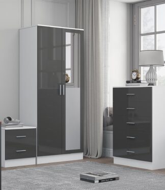 Reflect 2 Door Mirror Wardrobe, 5 Drawer Chest, 2 Drawer Bedside - Grey Gloss & Matt White - Modern Bedroom Furniture Set