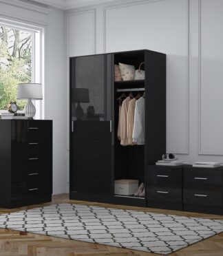 Reflect 2 Door Sliding Wardrobe, 5 Drawer Chest, 2x 2 Drawer Bedsides - Black Gloss & Black Oak - Modern Bedroom Furniture Set