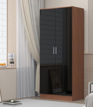 Reflect 2 Door Plain Wardrobe - Black Gloss & Walnut - Hanging Rails & Shelves - H: 180cm x W: 76cm - Modern Sleek Design