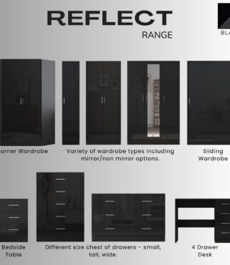 REFLECT High Gloss Bedroom Furniture Wardrobe Chest Bedside Desk Option in Black