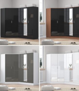 REFLECT Gloss 5 Door Wardrobe Bundle - 2 Door Corner + 3 Door Mirror Bedroom Set