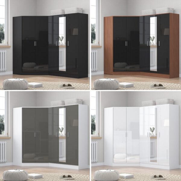 REFLECT Gloss 5 Door Wardrobe Bundle - 2 Door Corner + 3 Door Mirror Bedroom Set
