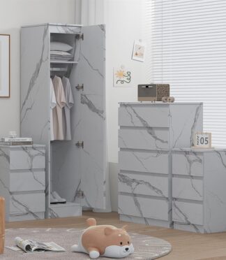 ZITA 4pc White Marble Effect Bedroom Set - 1-Door Wardrobe, Tall Chest & 2 Bedside Tables, Stylish Modern Storage Furniture