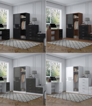 REFLECT Gloss 4pc Set - 2 Door Sliding Wardrobe + 5 Draw Chest + Bedside + Desk