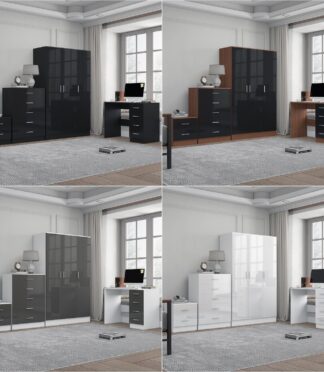 REFLECT Gloss 4pc Bedroom Set - 3 Door Wardrobe + Tall Chest + Bedside + Desk