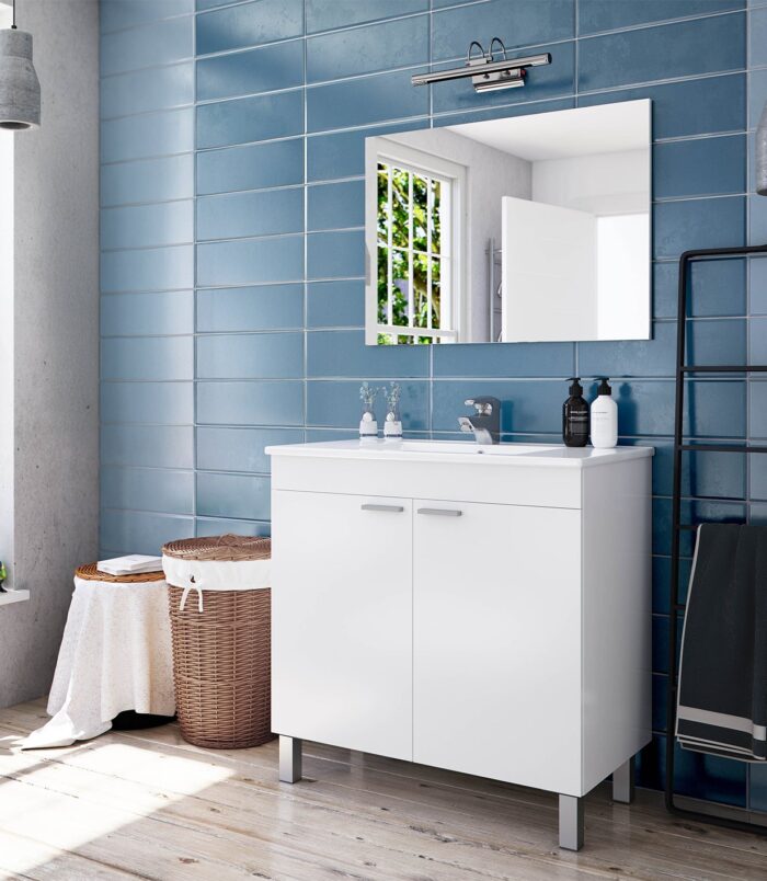 BALTIC 80cm Wide White Sink Unit 2 Door Under Basin Cabinet with Mirror.