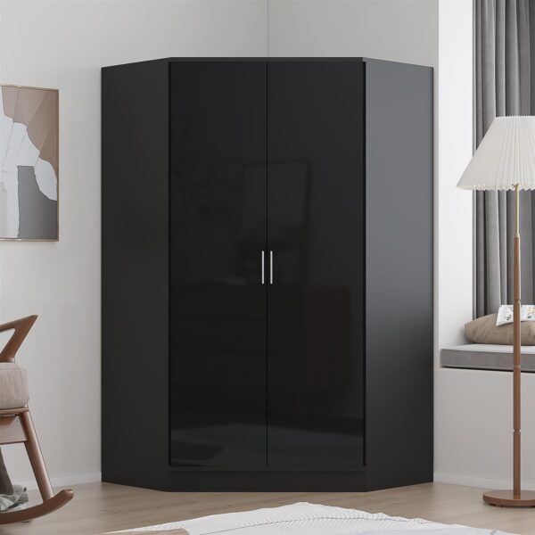 Reflect 2 Door Corner Wardrobe - Black Gloss & Black Oak - 2 Hanging Rails & 8 Shelves - H: 180cm x W: 103cm - Modern Design - Image 2
