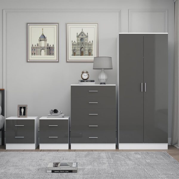 Reflect 2 Door Plain Wardrobe, 5 Drawer Chest, 2x 2 Drawer Bedsides - Grey Gloss & Matt White - Modern Bedroom Furniture Set - Image 3