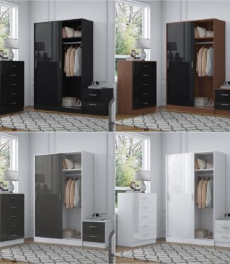 REFLECT Gloss 3pc Set - 2 Door Sliding Wardrobe + 5 Draw Chest + Bedside
