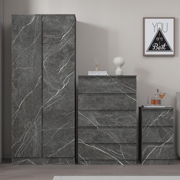 ZITA Grey Marble Effect 3 Piece Set - 2 Door Wardrobe, 5 Drawer Chest & 3 Drawer Bedside, Stylish Bedroom Storage - Image 2