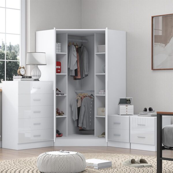 Reflect 2 Door Corner Wardrobe, 5 Drawer Chest, 2x 2 Drawer Bedsides - White Gloss & Matt White - Bedroom Furniture Set - Image 4