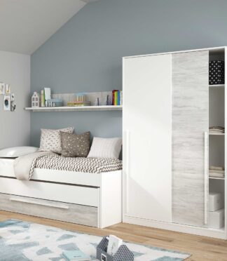 TOP 2 Door Large Modern Sliding Bedroom Wardrobe - White & Light Oak Finish - H: 200cm x W: 120cm x D: 50cm.