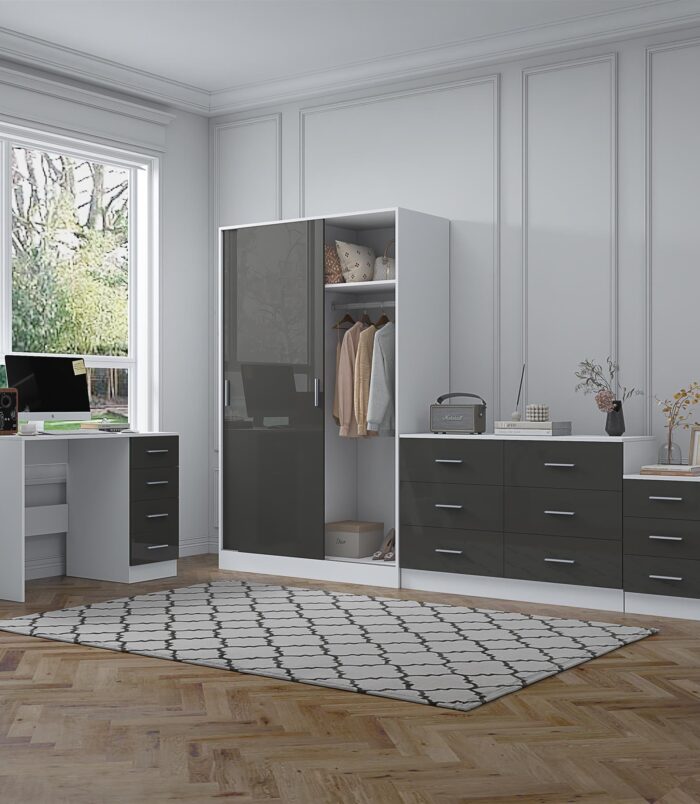 REFLECT Gloss 4pc Set - 2 Door Sliding Wardrobe + Wide Chest + Bedside + Desk.