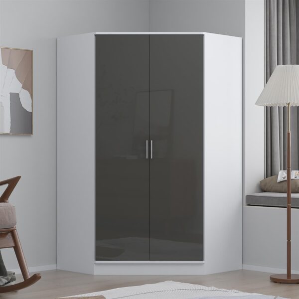 Reflect 2 Door Corner Wardrobe - Grey Gloss & Matt White - 2 Hanging Rails & 8 Shelves - H: 180cm x W: 103cm - Modern Design - Image 4