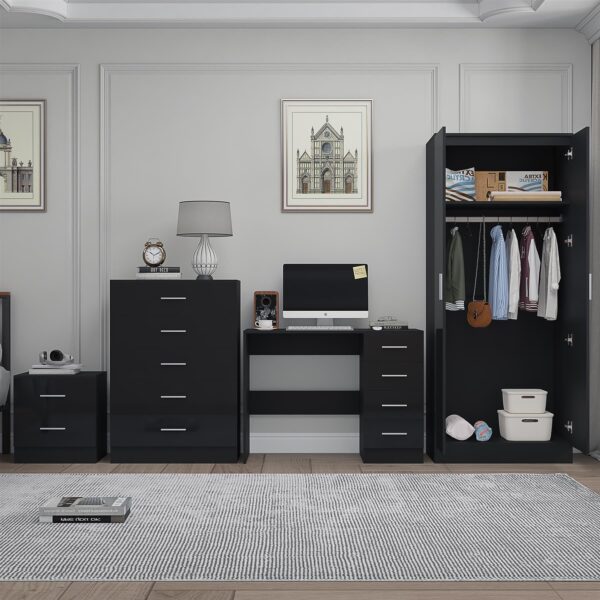 Reflect 2 Door Mirror Wardrobe, 5 Drawer Chest, 2 Drawer Bedside & Desk - Black Gloss & Black Oak - Modern Bedroom Furniture Set - Image 4