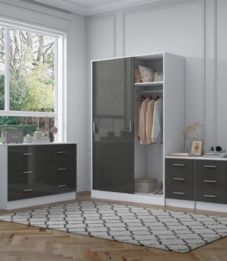 Reflect 2 Door Sliding Wardrobe, 6 Drawer Wide Chest, 2x3 Drawer Bedsides - Grey Gloss & Matt White - Modern Bedroom Furniture Set