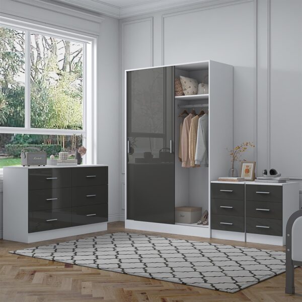 Reflect 2 Door Sliding Wardrobe, 6 Drawer Wide Chest, 2x3 Drawer Bedsides - Grey Gloss & Matt White - Modern Bedroom Furniture Set