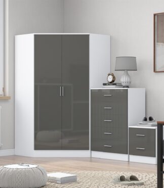 Reflect 2 Door Corner Wardrobe, 5 Drawer Chest, 2 Drawer Bedside - Grey Gloss & Matt White - Bedroom Furniture Set
