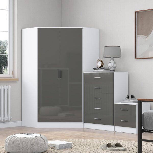 Reflect 2 Door Corner Wardrobe, 5 Drawer Chest, 2 Drawer Bedside - Grey Gloss & Matt White - Bedroom Furniture Set