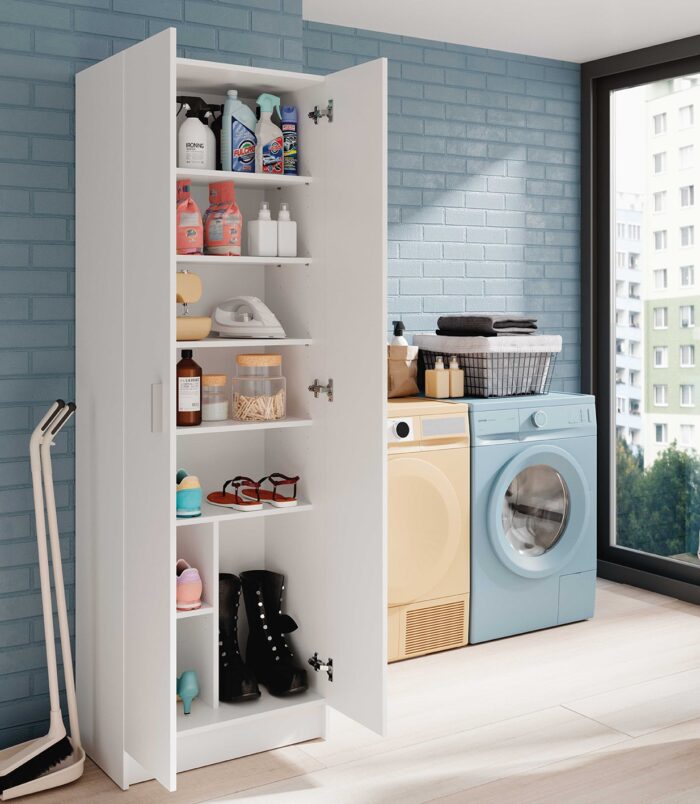 Vita White 2 Door Shoe & Boot Cupboard - Modular Kitchen Utility Room Cleaning Cabinet - H: 180cm x W: 59cm x D: 37cm.