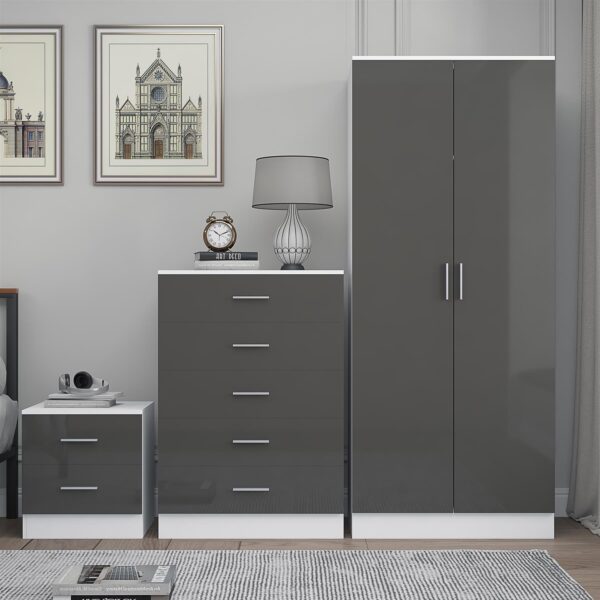 Reflect 2 Door Plain Wardrobe, 5 Drawer Chest, 2 Drawer Bedside - Grey Gloss & Matt White - Modern Bedroom Furniture Set - Image 3