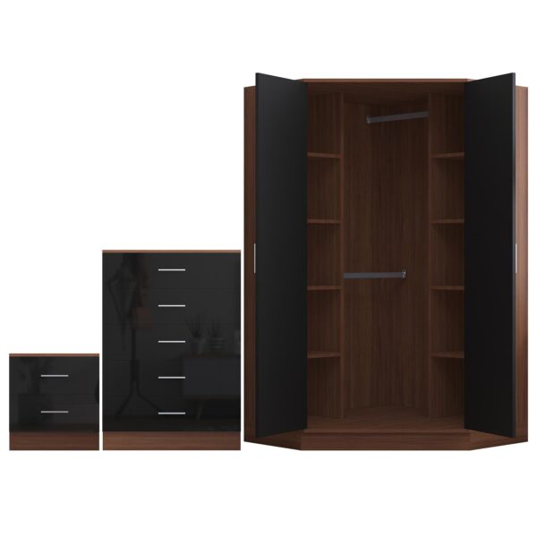 Reflect 2 Door Corner Wardrobe, 5 Drawer Chest, 2 Drawer Bedside - Black Gloss & Walnut - Bedroom Furniture Set - Image 7