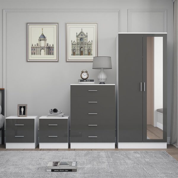 Reflect 2 Door Mirror Wardrobe, 5 Drawer Chest, 2x 2 Drawer Bedsides - Grey Gloss & Matt White - Modern Bedroom Furniture Set - Image 2