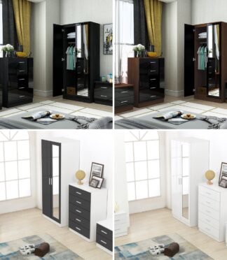 REFLECT Gloss 4pc Set - 2 Door Mirrored Wardrobe + 5 Draw Chest + 2 Bedsides