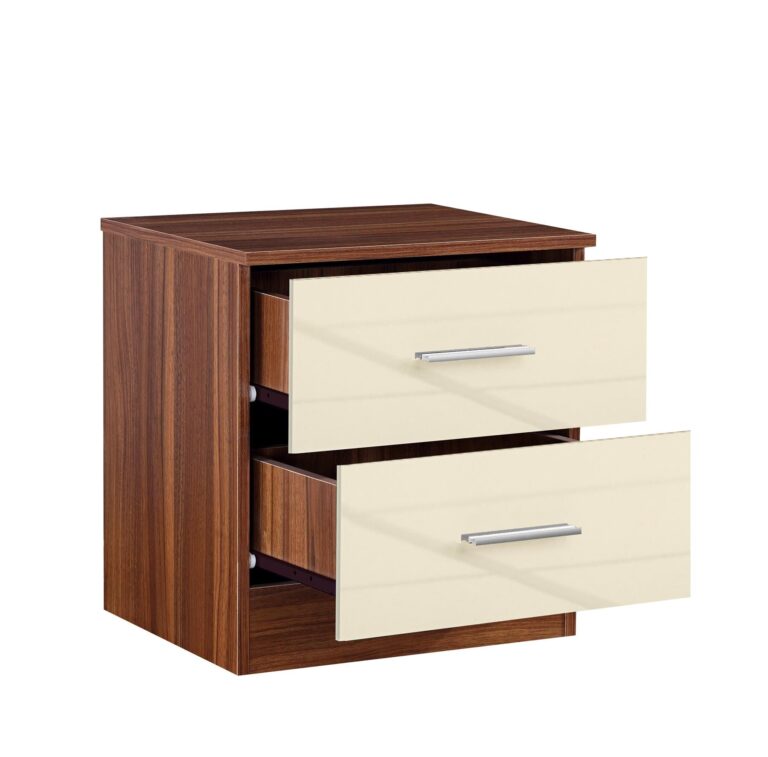 Reflect 2 Drawer Bedside - Cream Gloss & Walnut - Modern Nightstand for Bedroom Storage - H: 48.5cm x W: 45cm x D: 39.5cm - Image 4