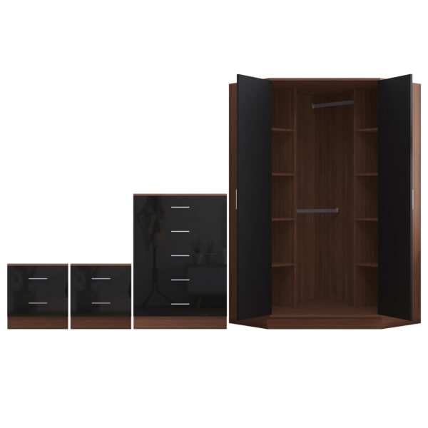 Reflect 2 Door Corner Wardrobe, 5 Drawer Chest, 2x 2 Drawer Bedsides - Black Gloss & Walnut - Bedroom Furniture Set - Image 5