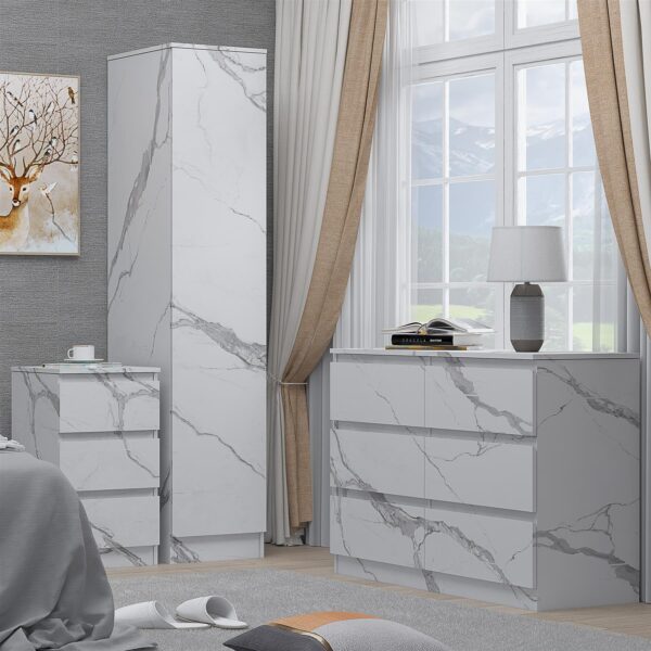 ZITA White Marble Effect 3 Piece Bedroom Set - 1-Door Wardrobe, Wide Chest & Bedside Table, Stylish Modern Bedroom Furniture - Image 2