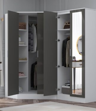 Reflect 2pc Wardrobe Bundle - 2 Door Corner + 2 Door Mirror - Grey Gloss & Matt White - H: 180cm x W: 179cm x D: 103cm