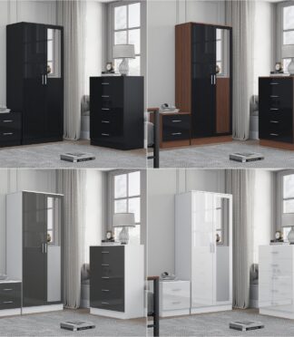REFLECT Gloss 3pc Set - 2 Door Mirrored Wardrobe + 5 Draw Chest + Bedside